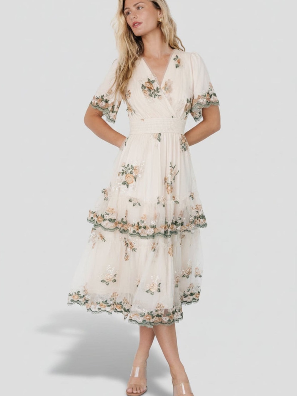 Baltic Born Cream Midi Dress with Green and Peach Floral Embroidery